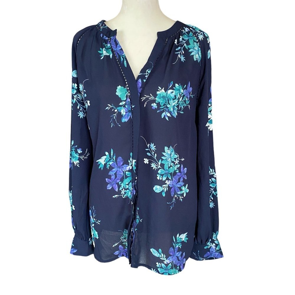 AVA & VIV women's size X long sleeve dark blue floral button down v-neck blouse